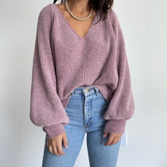 Ava & Viv Sweaters - Ava & Viv Chenille Mauve V-Neck Balloon Sleeve Sweater